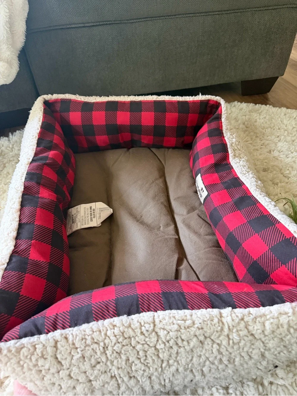Cozy Sherpa Dog Bed with Red Buffalo Plaid Trim